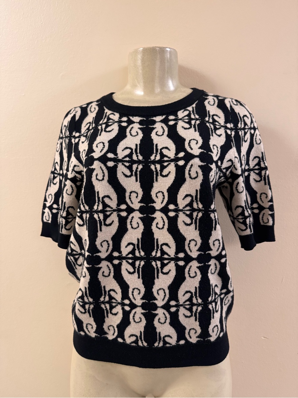 Anthropologie Maeve Black and Cream Retro Poodle Crewneck Sweater Sz Small EUC
